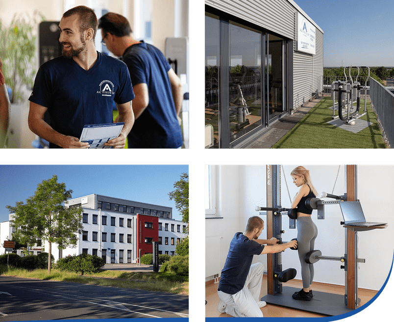 Collage aus vier Bildern, die die umfassenden Gesundheitsdienste von Activiver® darstellen, inklusive Therapeut im Gespräch, Außenansicht des Fitnessbereichs, Gebäudeansicht und Personal Training.